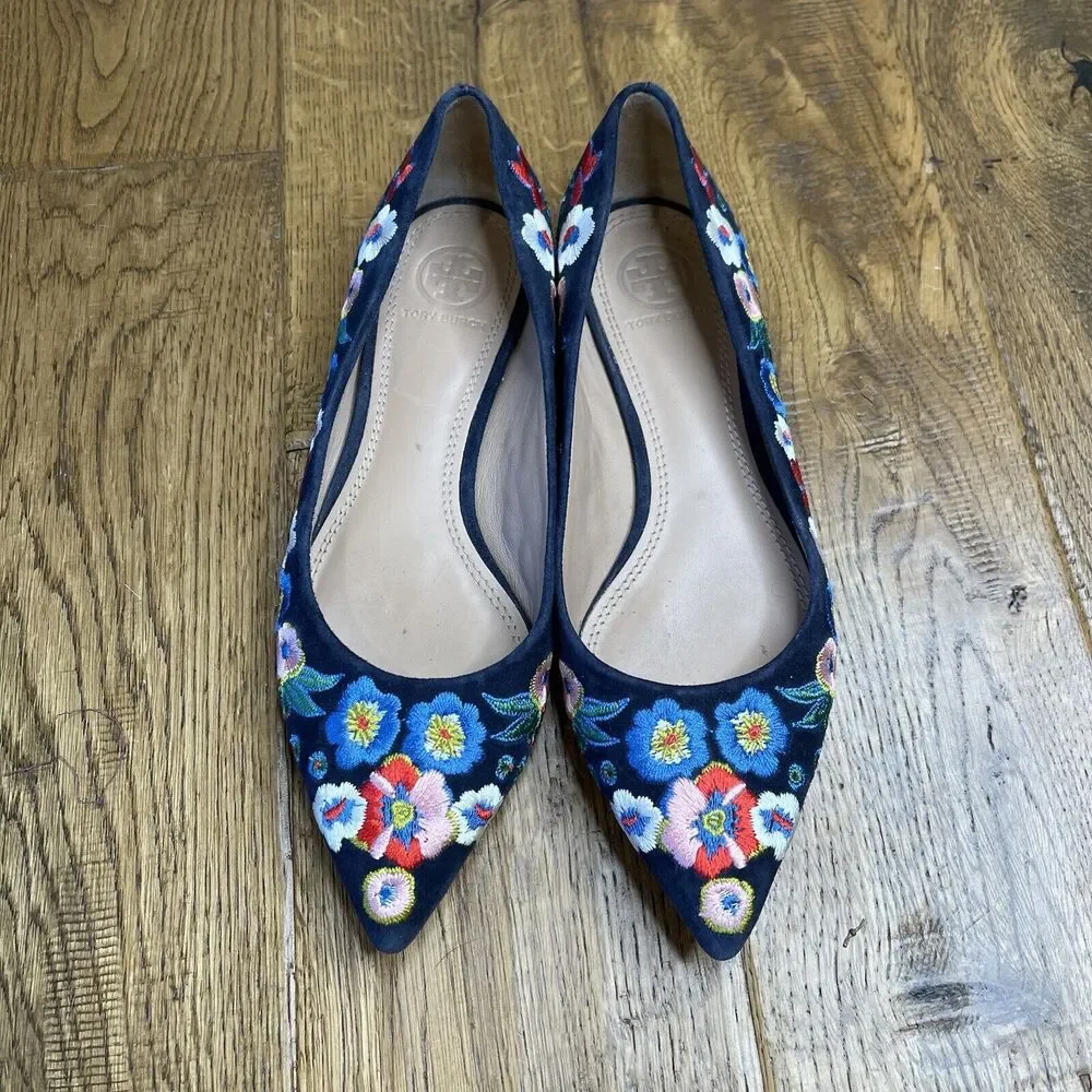 Tory Burch Rosemont Embroidered Pansy Floral Blue Suede Pointed Flats Size 5M